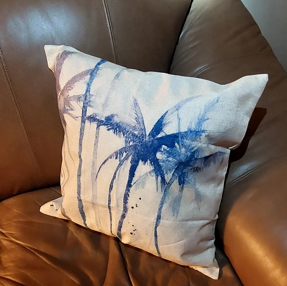 Throw Pillow Cover Accent Palm Trees Blue Purple Canvas Beige Decorative